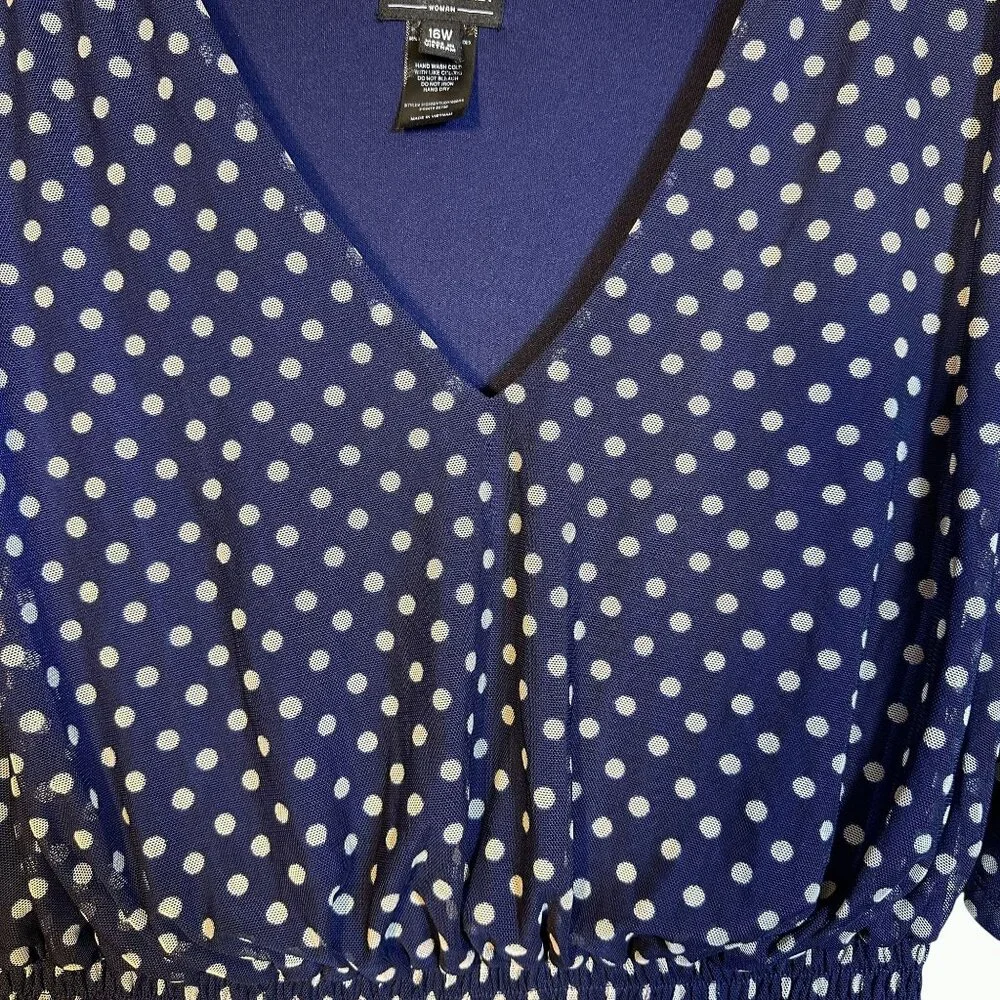 Kate & Lily Blue White Polka Dot V-Neck‎ Midi Dress Elbow-Length Sleeves Size 16